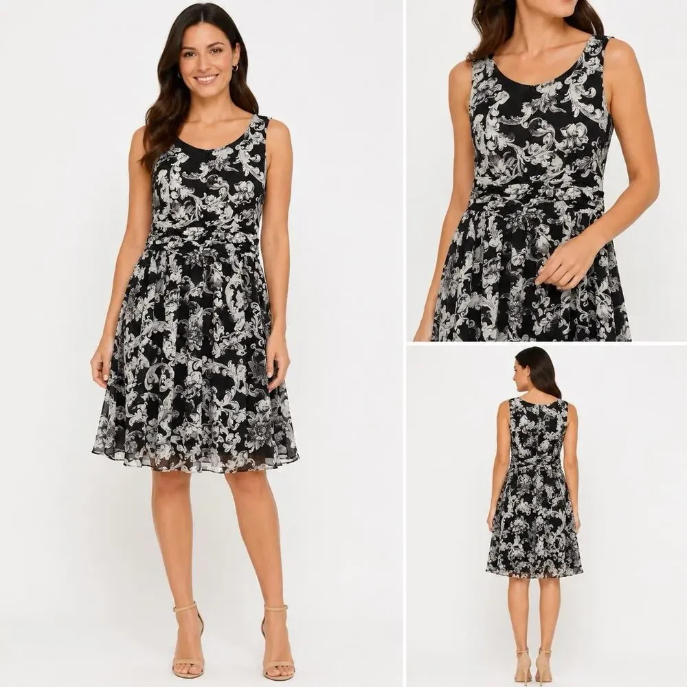 Studio I Women’s Black White Floral Scroll A-Line Dress Size 14 Vintage Inspired